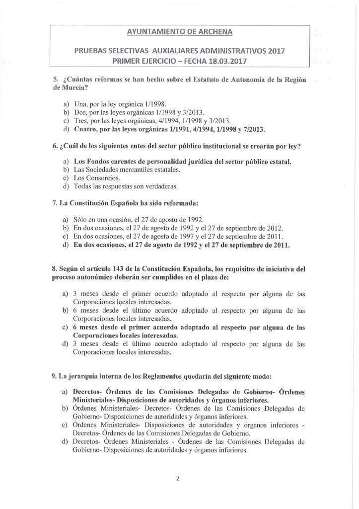 Deshacer Fontanero bostezando Ayuntamiento de Archena - Respuestas exactas de la primera prueba selectiva  de Auxiliares Administrativos